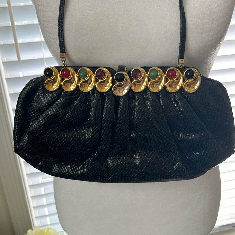 Judith Leiber vintage jeweled black Karung purse with tuckable strap